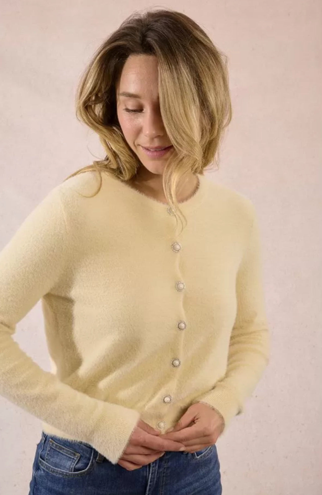 Molly Bracken off-white fluffy knit cardigan with pearl-style buttons