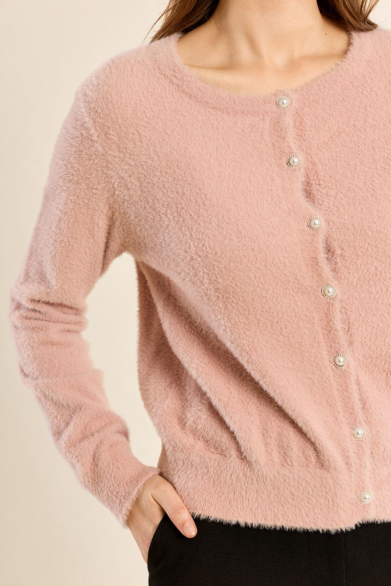 Molly Bracken pink fluffy cardigan with pearl-effect buttons – knit detail