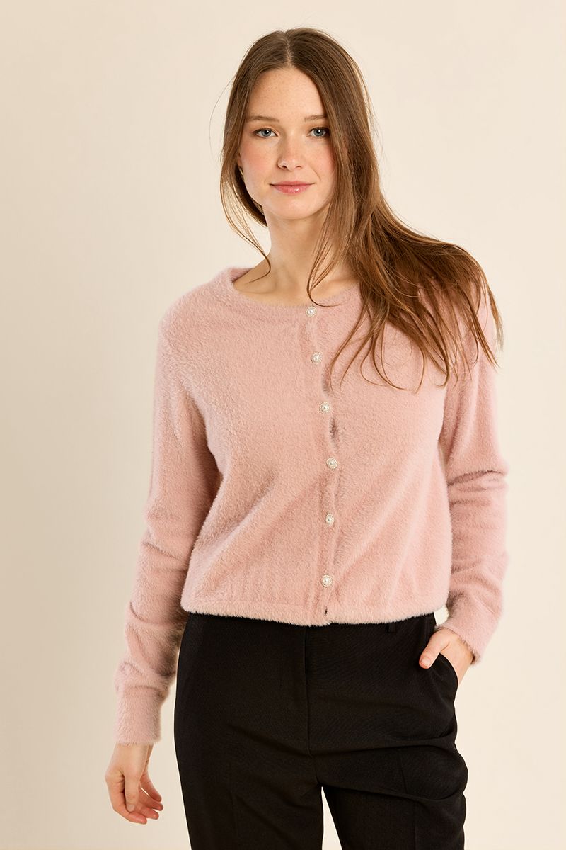 Molly Bracken pink fluffy knit pearl button cardigan – front model view