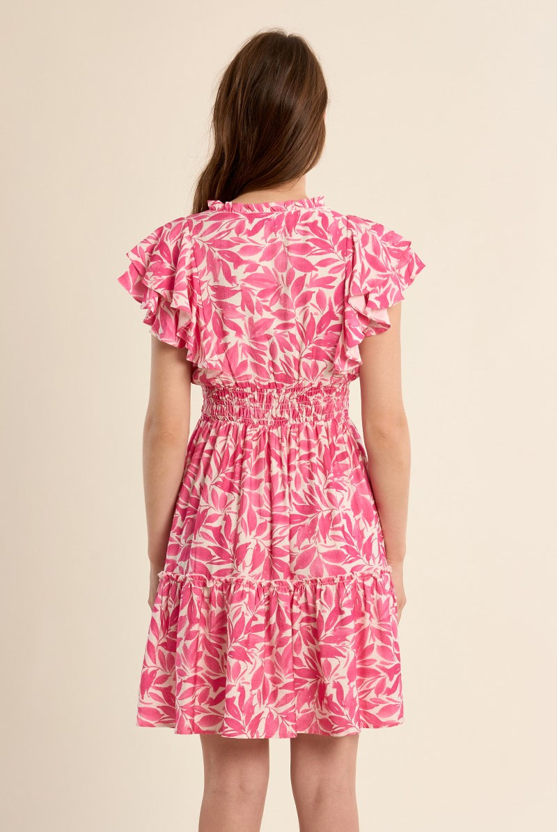 Molly Bracken pink leaf print ruffle sleeve dress back view