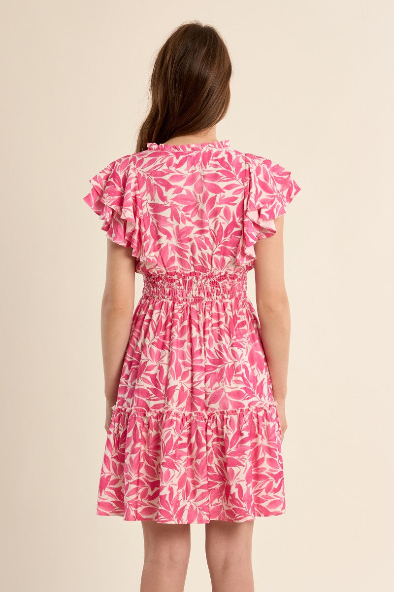 Molly Bracken pink leaf print ruffle sleeve dress back view