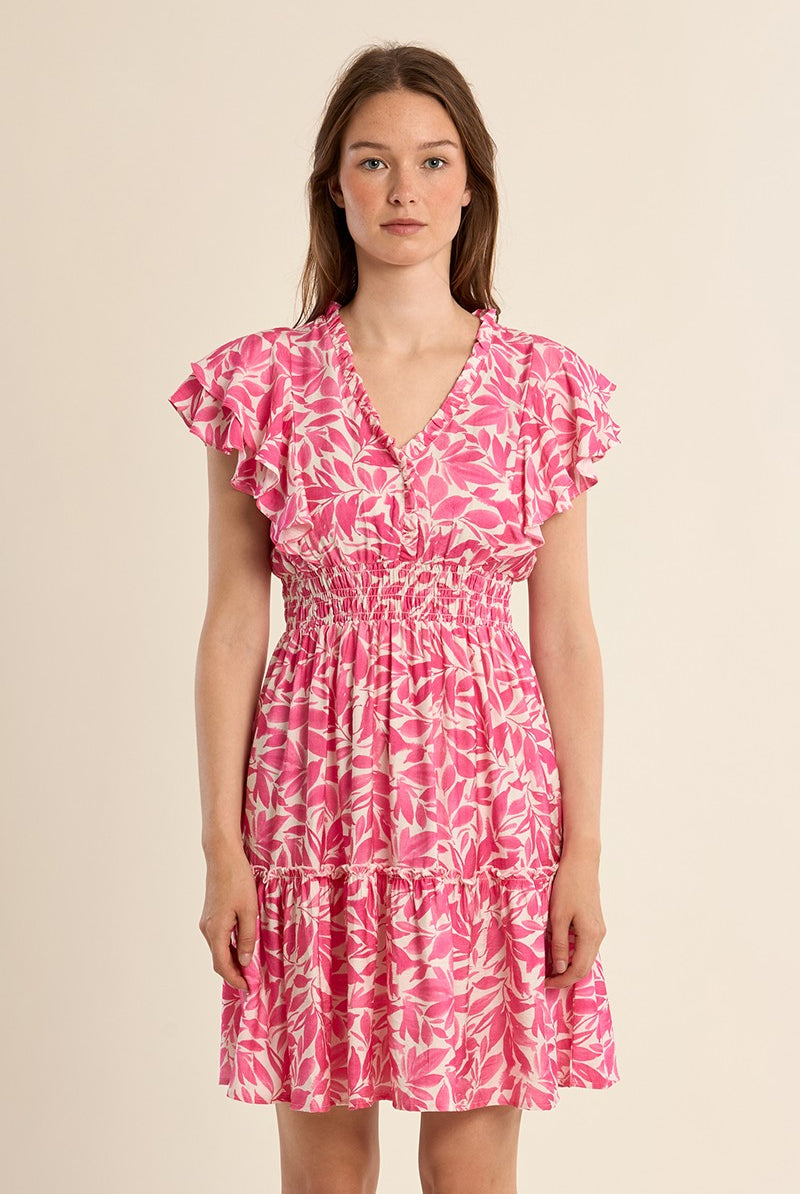 Molly Bracken pink leaf print ruffle sleeve dress front