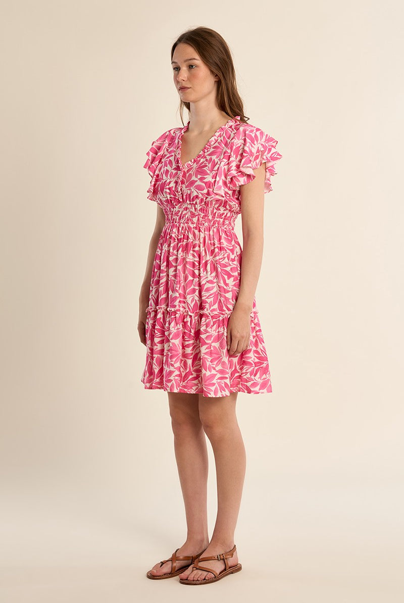 Molly Bracken pink leaf print dress smocked waist detail