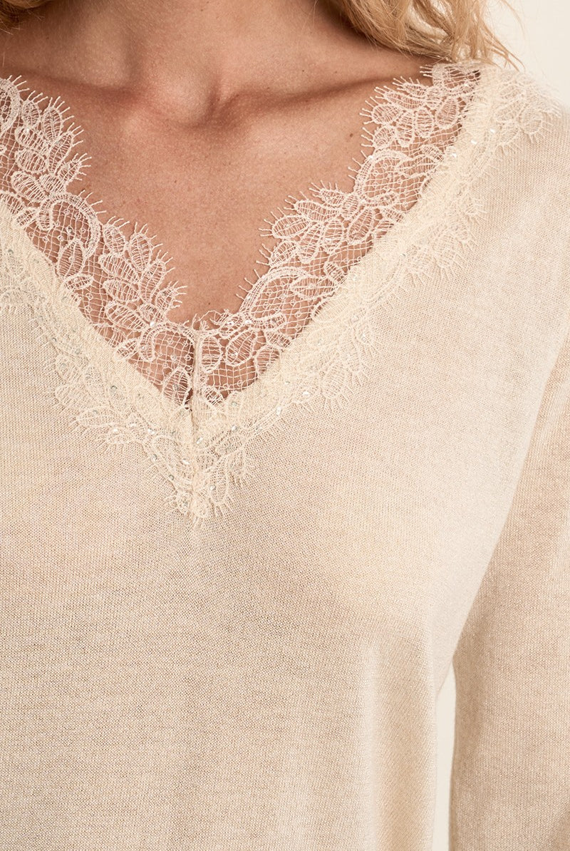 Molly Bracken fine knit cream jumper with lace neckline detail
