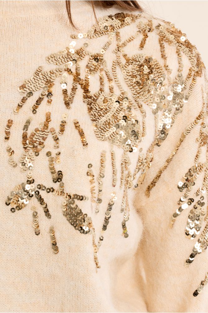 Molly Bracken cream jumper pearl embellished shoulder detail close-up