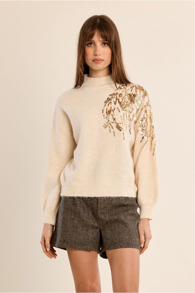 Molly Bracken women’s cream embellished high neck jumper on model