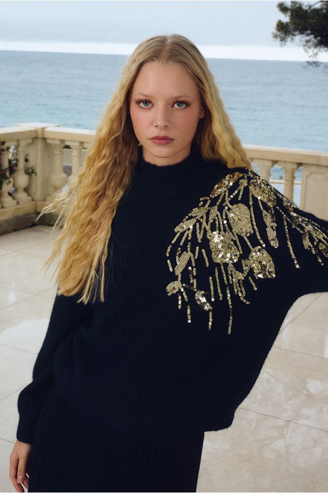 MMolly Bracken navy jumper pearl embellished shoulder detail close-up