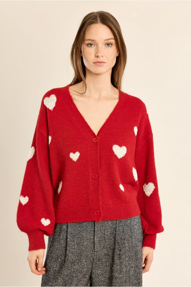 Molly Bracken red cardigan cream heart motif detail close-up