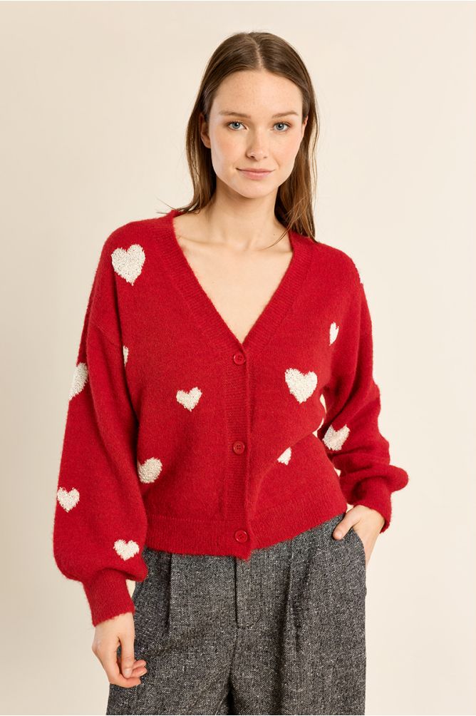 Molly Bracken red heart motif balloon sleeve cardigan front view