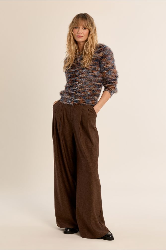 Molly Bracken brushed knit cardigan styled with brown trousers