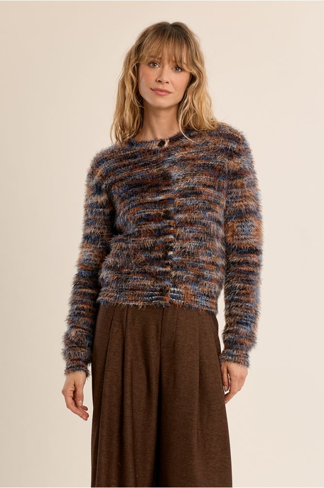 Molly Bracken women’s blue brown striped knit cardigan on model