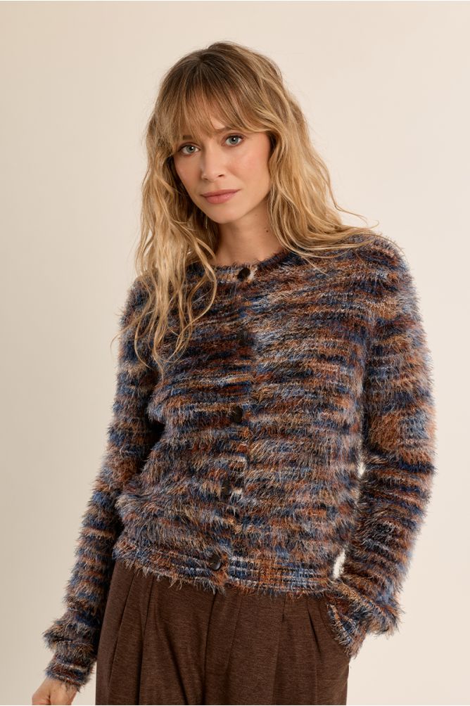Molly Bracken blue and brown brushed stripe knit cardigan front view