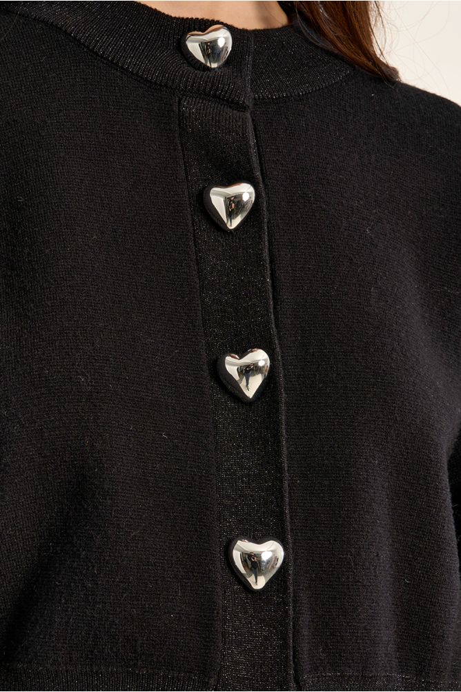 Molly Bracken black cardigan silver heart button detail close-up