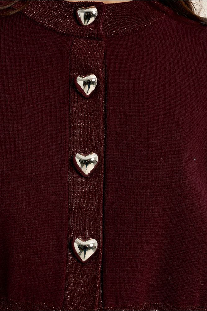 MMolly Bracken burgundy cardigan silver heart button detail close-up