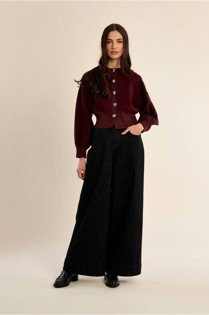 Molly Bracken women’s burgundy heart button cardigan on model