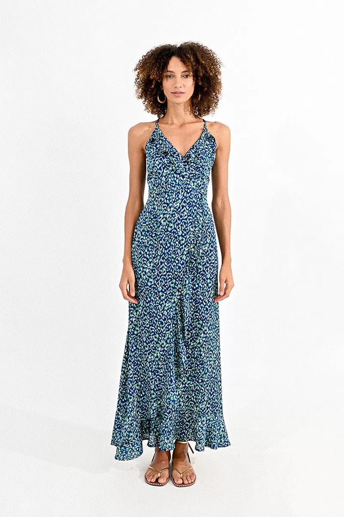 Molly Bracken Blue Animal Print Maxi Dress With Laced Back