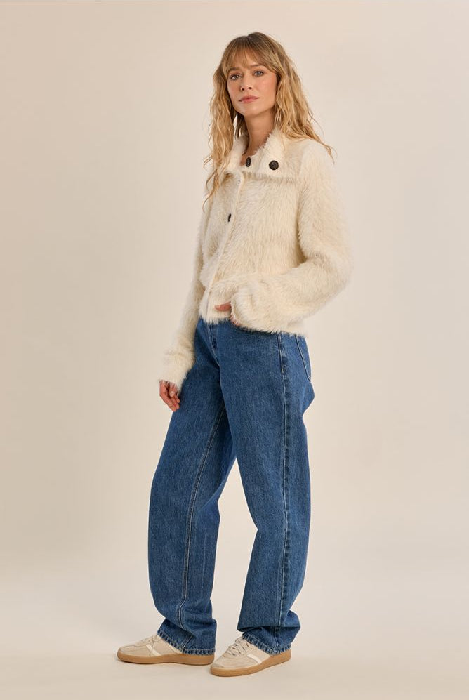 Molly Bracken cream collared cardigan styled with blue jeans