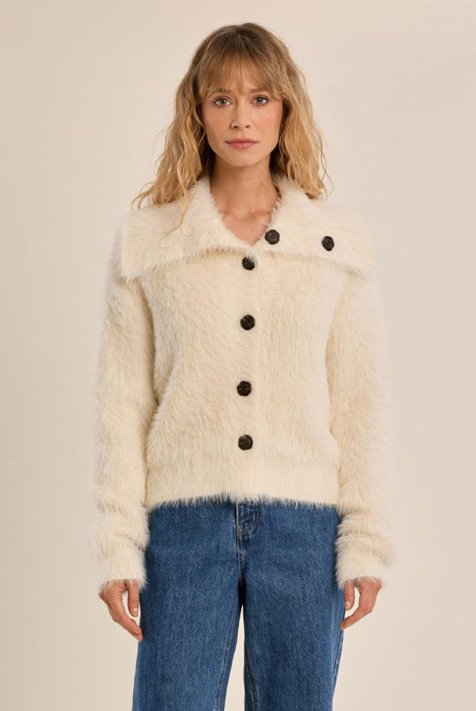 Molly Bracken cream fluffy knit collared cardigan front view
