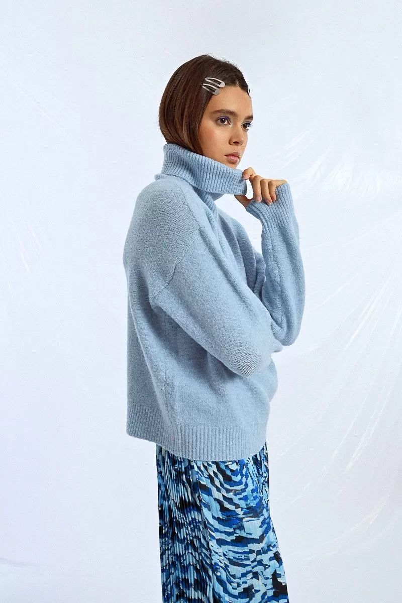 Molly Bracken Blue oversized knit jumper with ribbed turtleneck detail