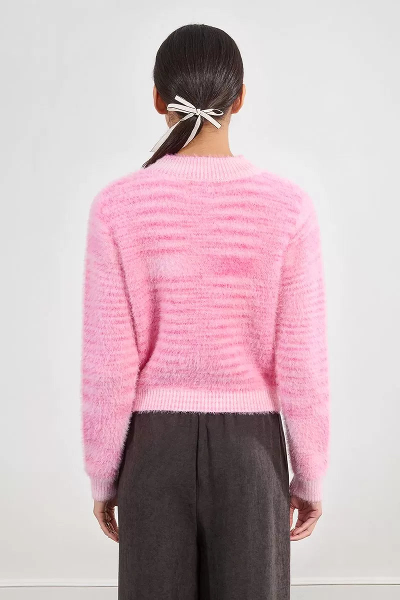 Pink fluffy knit sweater with ribbed cuffs and hem From Molly Bracken