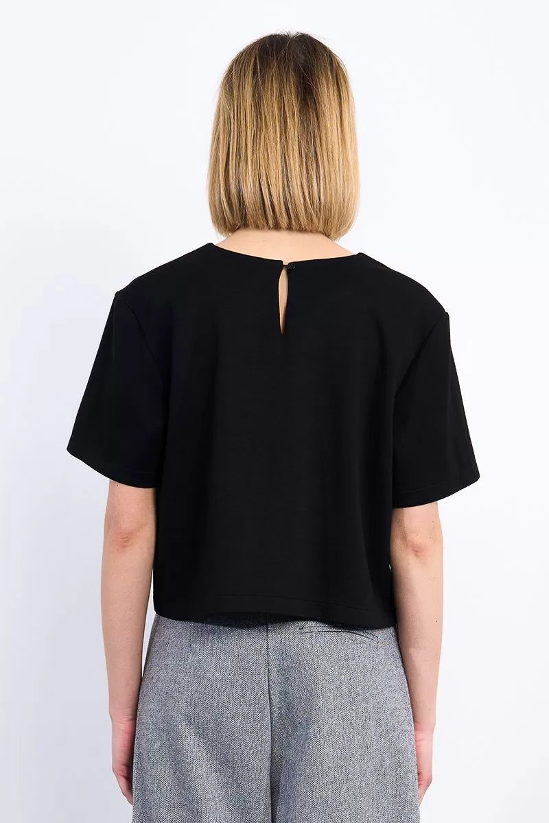 Molly Bracken black scoop neck top with button and tie closure