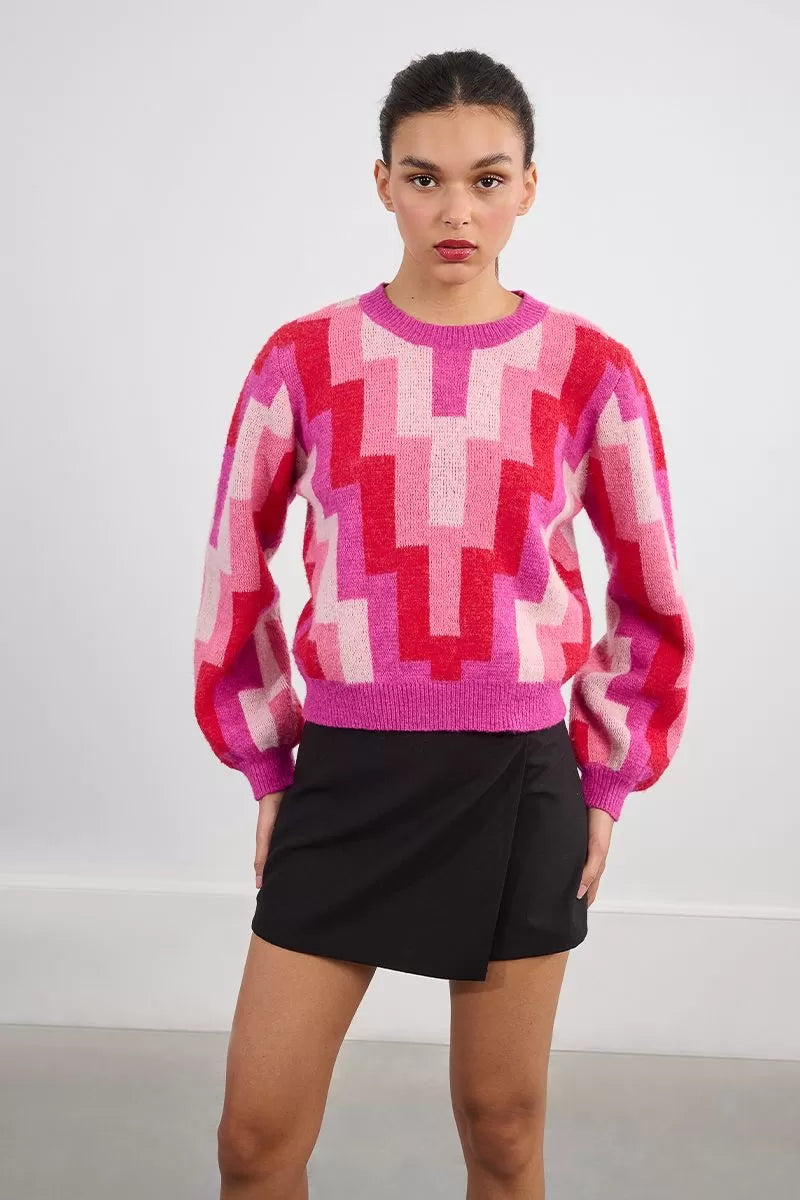 Molly Bracken pink and red geometric knit sweater front view