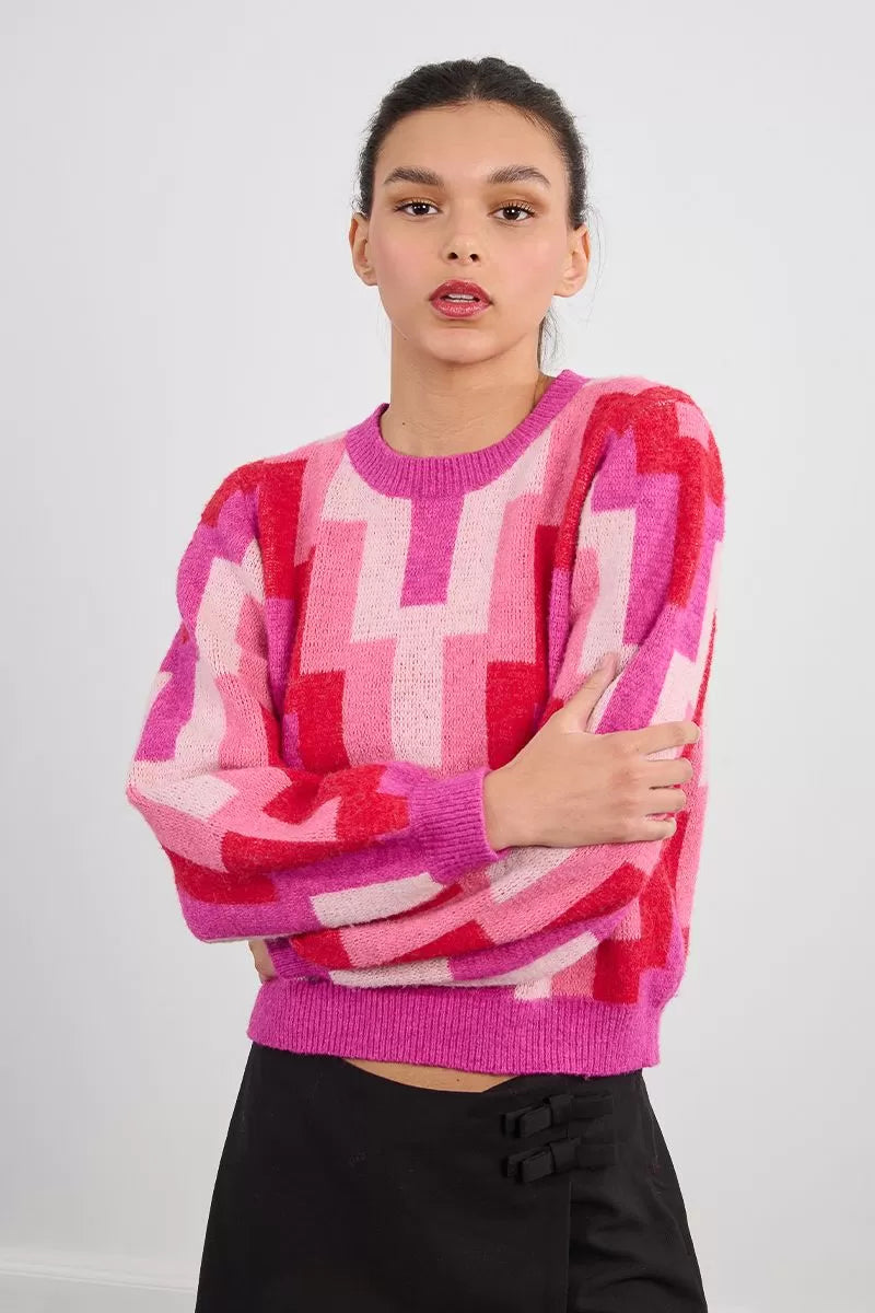 Women’s pink and red jumper styled casual modern look