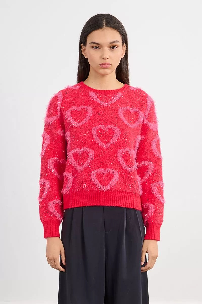 Women’s red fuzzy heart motif knit sweater