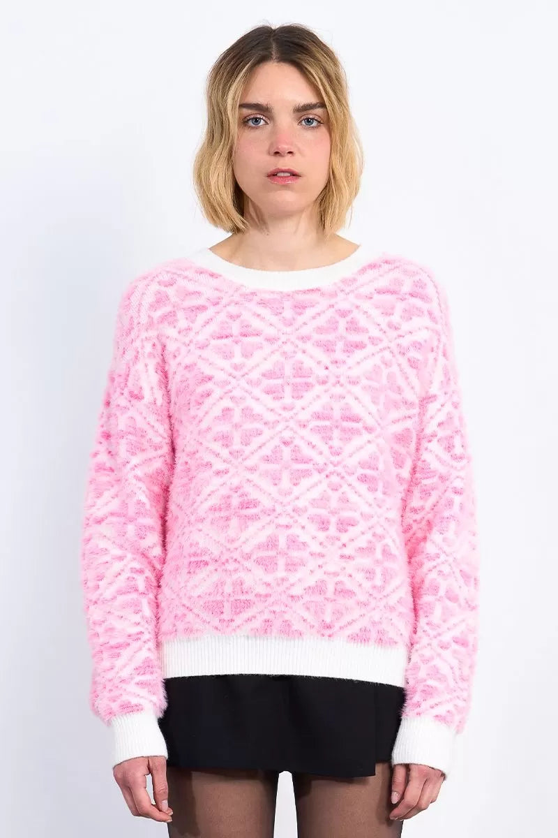 Molly Bracken pink textured graphic print jumper front view