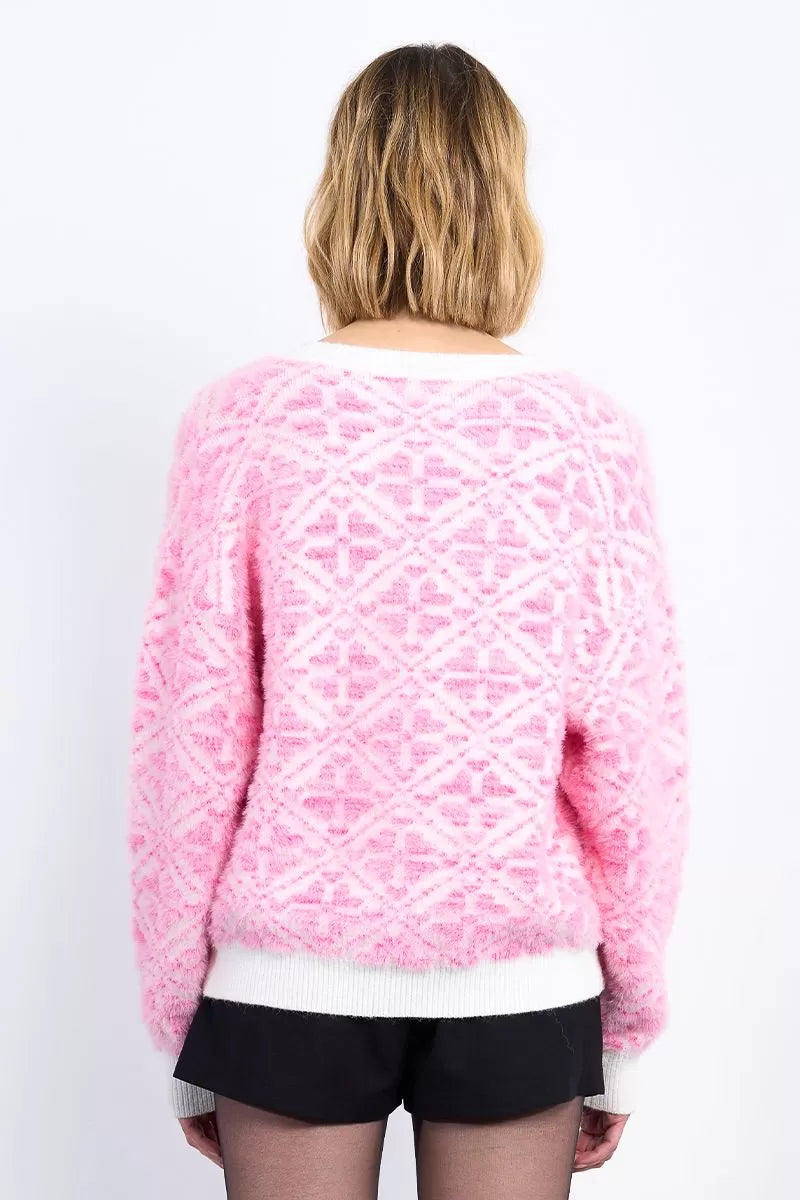 Pink graphic pattern jumper with white ribbed trims back view
