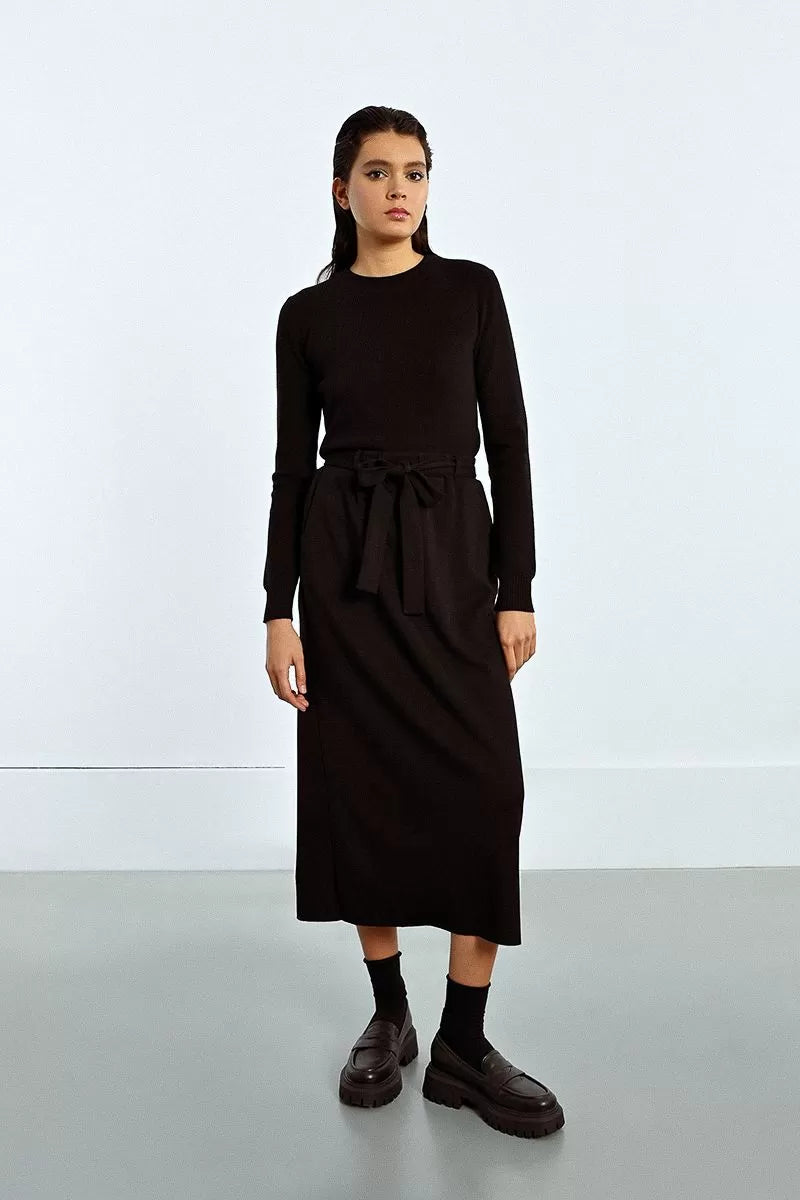 Molly Bracken black high waisted belted skirt, front view