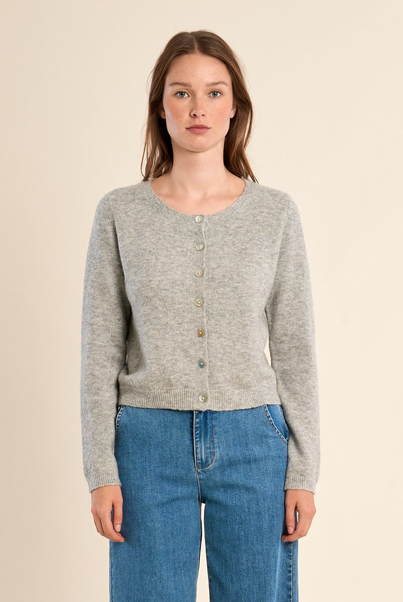 Molly Bracken grey round neck knitted cardigan with contrast buttons