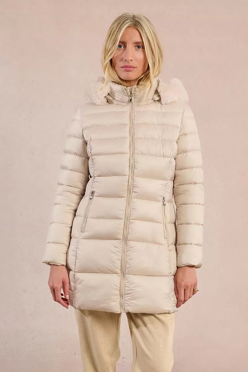 Molly Bracken long cream quilted puffer jacket with zip and faux fur hood – front view