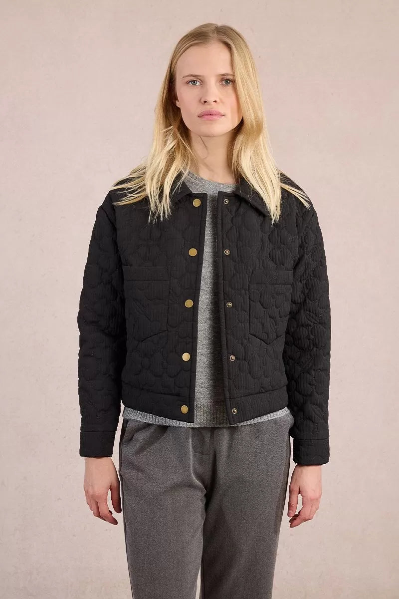 Molly Bracken quilted black jacket with floral stitching, front view