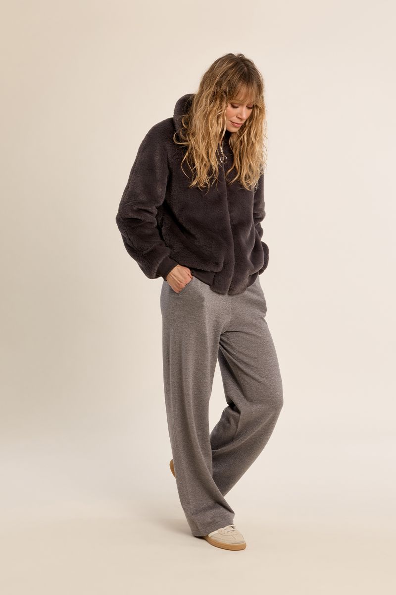 Molly Bracken brown zip teddy jacket with side pockets – full model view