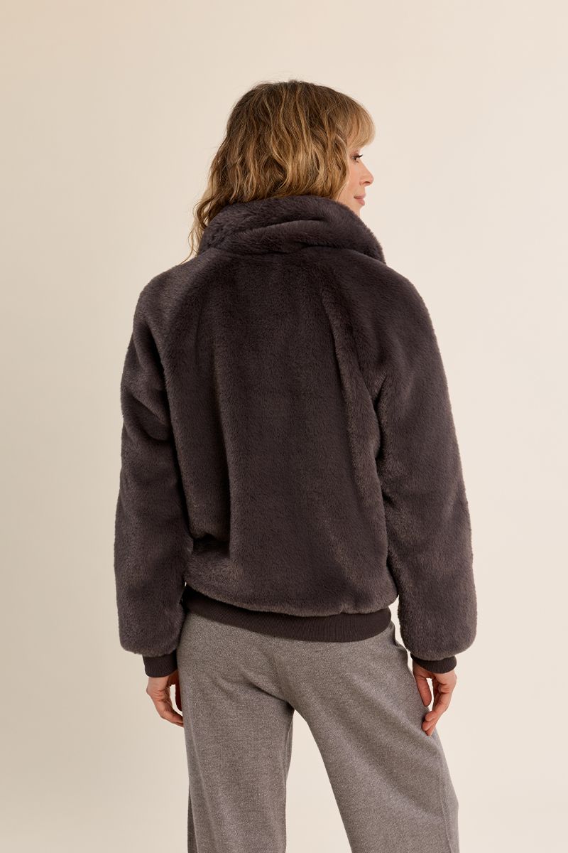 Molly Bracken chocolate brown teddy bomber jacket – back model view
