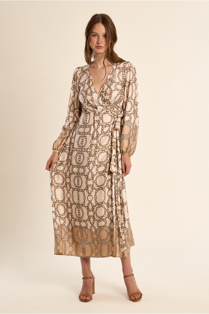 Molly Bracken beige chain print wrap dress full length front