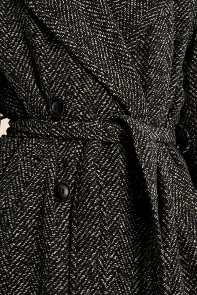 Molly Bracken charcoal herringbone coat belt and button detail close-up