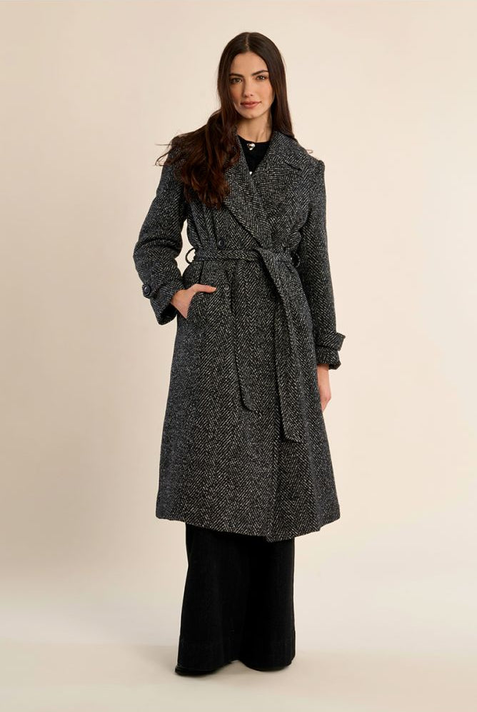 Molly Bracken women’s long herringbone belted coat on model