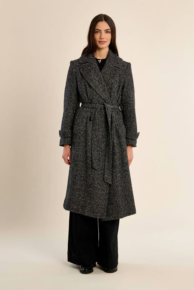 Molly Bracken charcoal herringbone long belted coat front view
