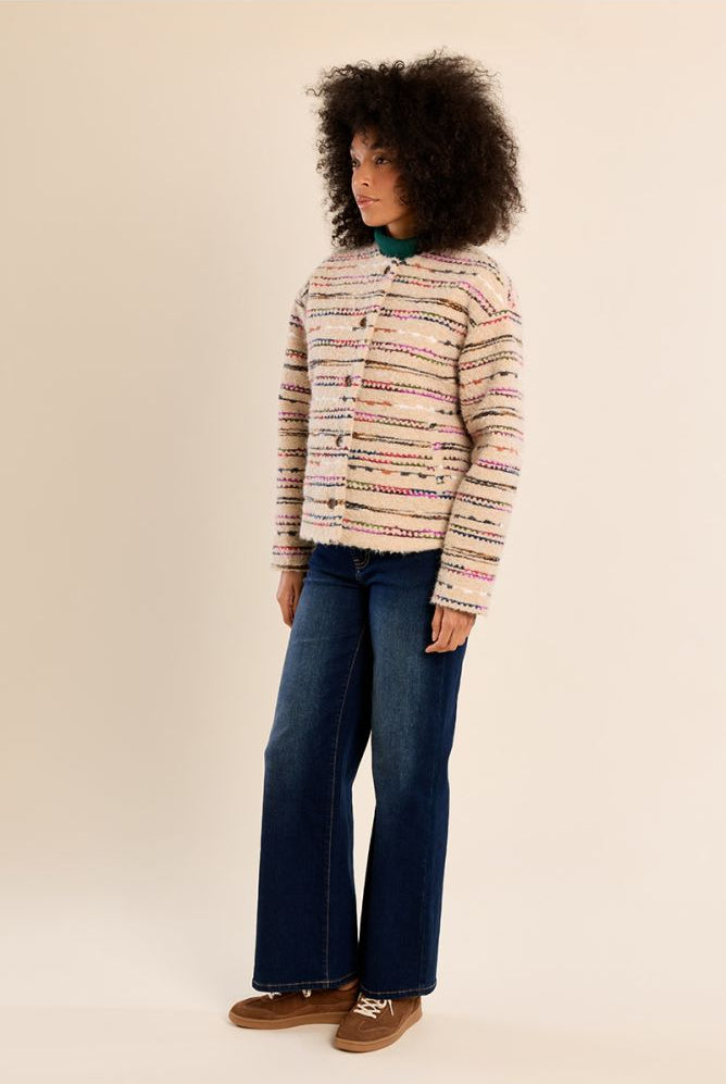 Molly Bracken women’s cream striped fluffy jacket on model