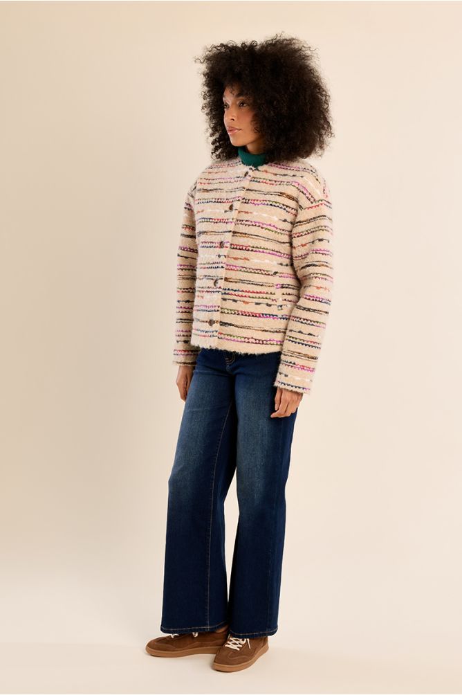 Molly Bracken women’s cream striped fluffy jacket on model