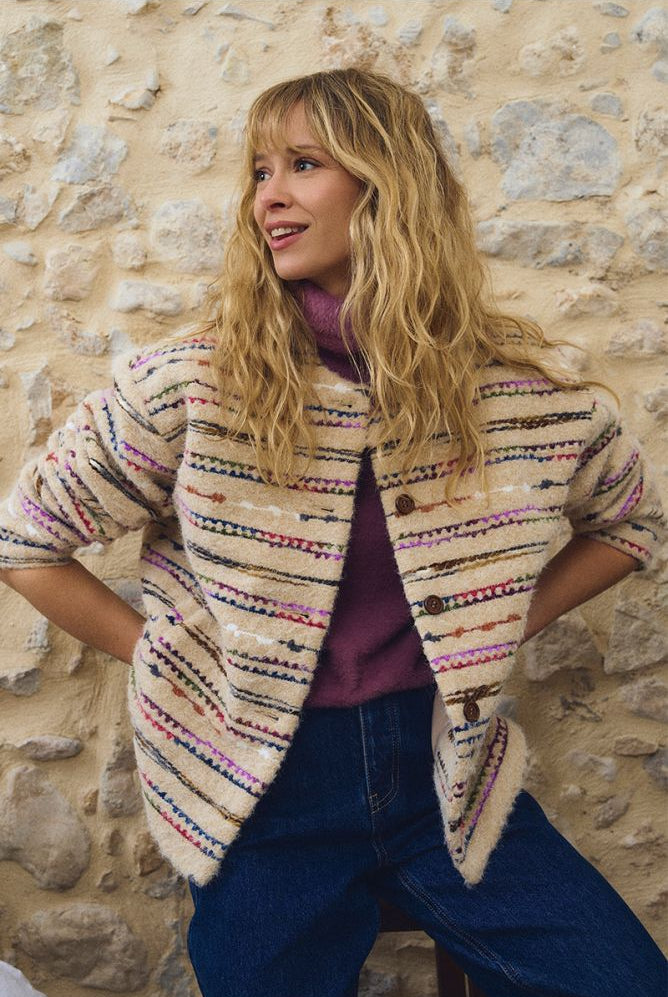 Molly Bracken fluffy striped jacket styled open over knitwear