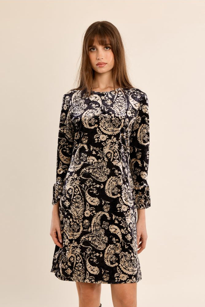Molly Bracken black and gold paisley short dress front view