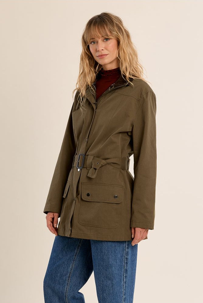 MMolly Bracken women’s khaki belted parka jacket on model