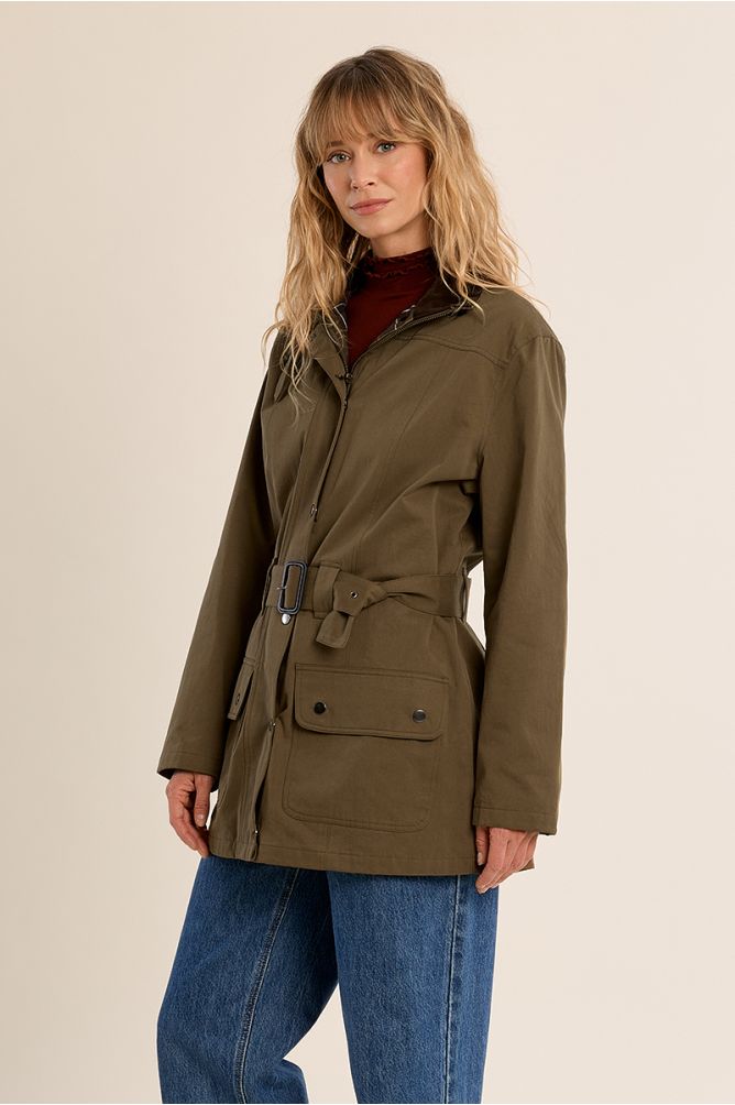 MMolly Bracken women’s khaki belted parka jacket on model