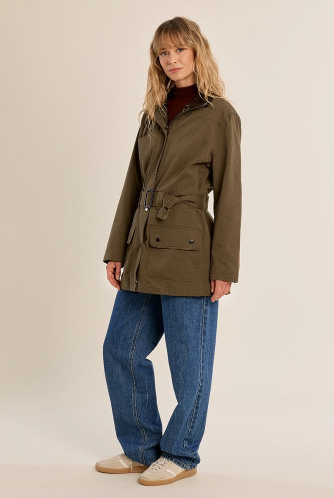 Molly Bracken khaki cotton parka jacket styled with blue jeans