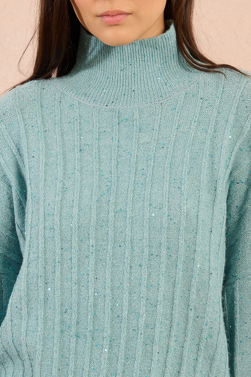 Molly Bracken aqua blue ribbed knit jumper with sequins and puff sleeves