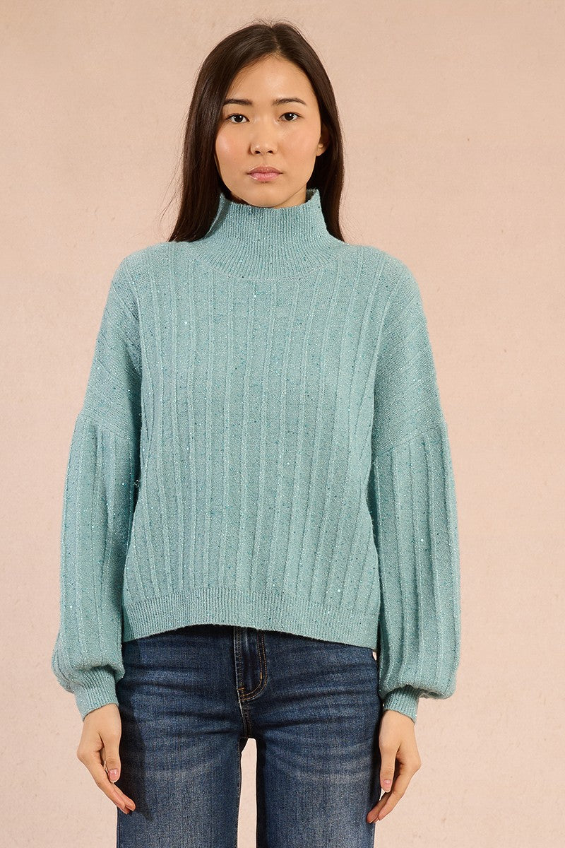Front view of Molly Bracken aqua blue sequin puff sleeve knit jumper with high neck