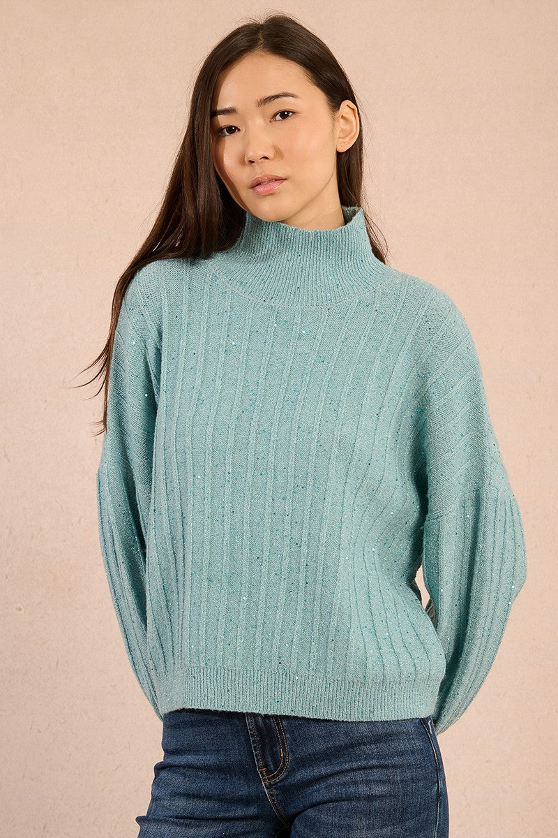Model wearing Molly Bracken aqua blue puff sleeve jumper with subtle sequin shimmer